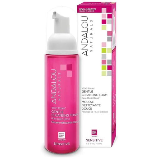 Andalou Naturals Face Wash, 1000 Roses Gentle Cleansing Foam, Sensitive Skin Facial Cleanser with Hydrating Vitamin E & Rose-Biotic Blend, Removes Makeup, Oil & Impurities, 5.5 Fl Oz