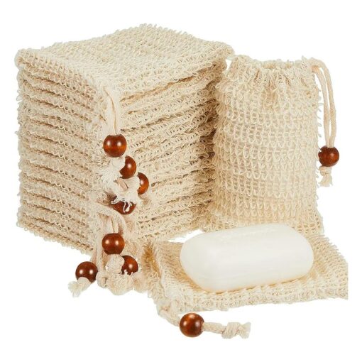 Cunhill Soap Saver Bag Sisal Soap Bag Exfoliating Soap Pouch with Drawstring Bar Soap Bag with Wooden Bead Foaming and Drying Soap Exfoliating Net Soap Saver for Bath and Shower ( 40 )