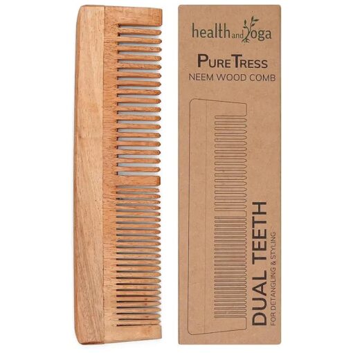 HealthAndYoga ( tm ) PureTress Handcrafted Dual Teeth Neem Wood Comb - Fine PLUS Wide Tooth Comb for Women and Men - Non-Static and Eco-Friendly - Versatile for Curly and Wet Hair -7 inch