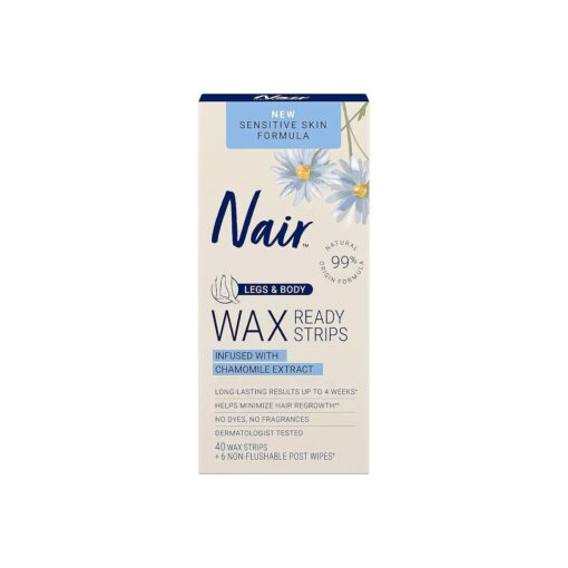 Nair Sensitive Hair Remover Wax Ready Strips, Legs and Body Hair Removal Wax Strips, 40 Count