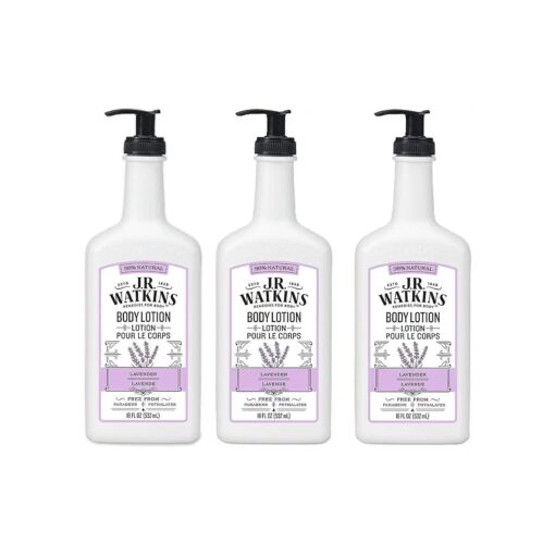 J.R. Watkins Daily Moisturizing Lotion - Body Cream in Pump Dispenser - Hydrating Skin Cream Made with Shea Butter, Cocoa Butter, Coconut Oil & Vitamin E, 18 fl oz, Lavender, 3 Pack