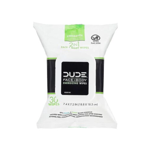 DUDE Face & Body Wipes 30 Count Energizing & Refreshing Scent Infused with Pro Vitamin B-5, Face Cleansing Cloths for Men, Lightly Scented for Mid-Day Refreshment, Hypoallergenic, Alcohol Free