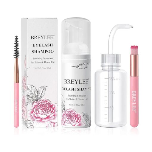 BREYLEE Shampoo for Lash Extensions, 60ml+Rinse Bottle+Brushes, Eyelash Extension Cleanser, Lash Wash Bath, Lash Cleaner, Paraben & Sulfate Free for Salon and Home Use