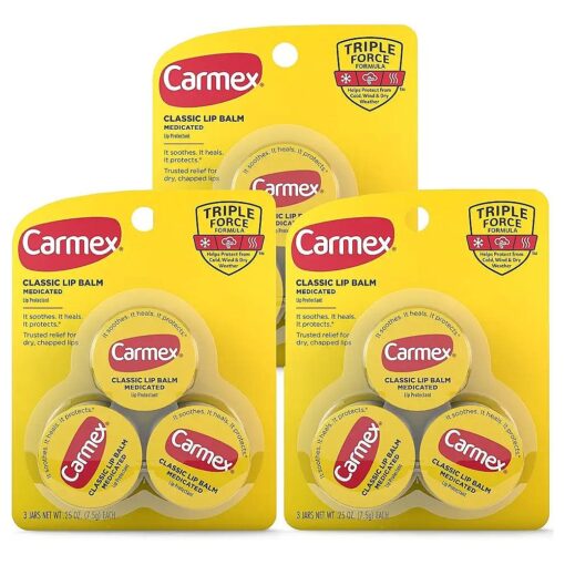 Carmex Classic Medicated Lip Balm Jars, Lip Moisturizer for Chapped Lips, 9 Count ( 3 Packs of 3 )