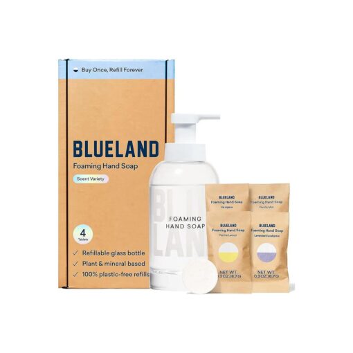 BLUELAND Hand Soap Starter Set - 1 Refillable Glass Foaming Hand Soap Container + 4 Tablets Refills, Variety Scents, Eco-Friendly Products & Cleaning Supplies,4 x 9 Fl oz Bottles ( 36 Fl oz total )