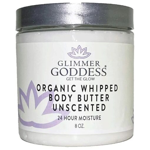 GLIMMER GODDESS Organic Whipped Body Butter - Unscented, Vegan, 24 hour Hydration, Reduces Stretch Marks, For Eczema and all Skin Types, Baby Friendly, Organic Ingredients 8 oz