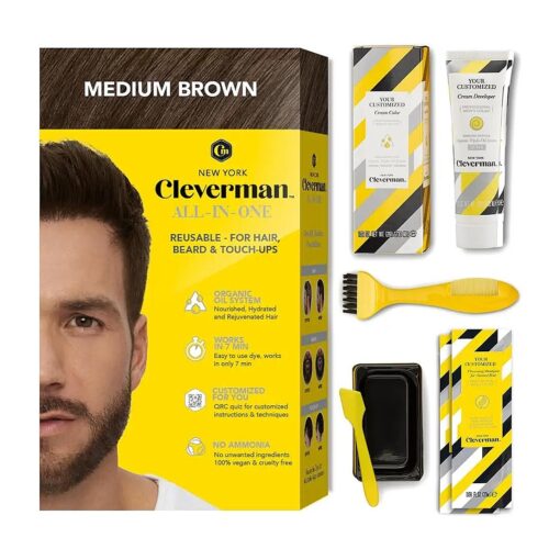 Medium Brown Hair & Beard Dye for Men, All-in-One Reusable Kit - Mens Color For Natural-Looking Gray Coverage, Professional-Quality and Ammonia-Free for Hair, Beard & Gray Mustache