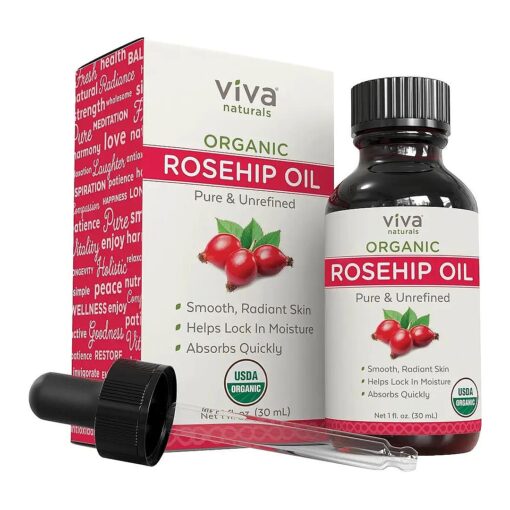 Viva Naturals Organic Rosehip Seed Oil ( 1 fl oz ) - 100 % Pure, Cold Pressed Moisturizing Rose hip Oil for Face, Hair, Dry Skin & Nails, Non-GMO