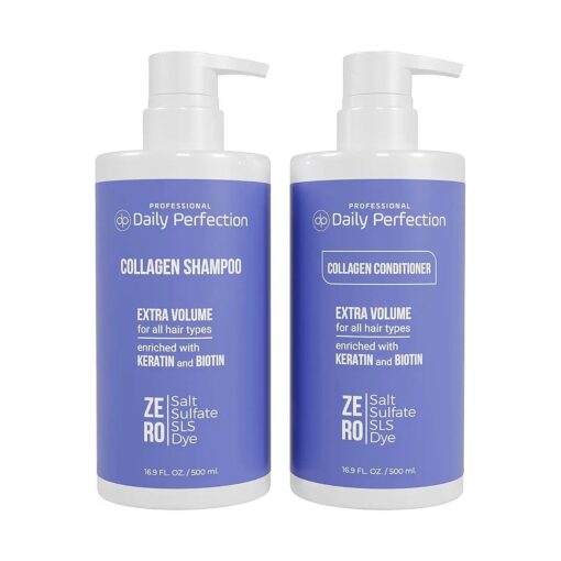 Collagen Shampoo and Conditioner Set with Biotin and Keratin, Salt-Free, Sulfate-Free, Paraben-Free Formula to Nourish and Add Extra Volume in All Hair Types, By Daily Perfection Professional Series