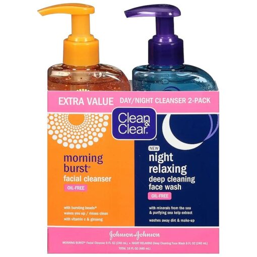 Clean & Clear 2-Pack Day and Night Face Cleanser Citrus Morning Burst Facial Cleanser with Vitamin C and Cucumber, Relaxing Night Facial Cleanser with Sea Minerals, Oil No & Hypoallergenic Face Wash