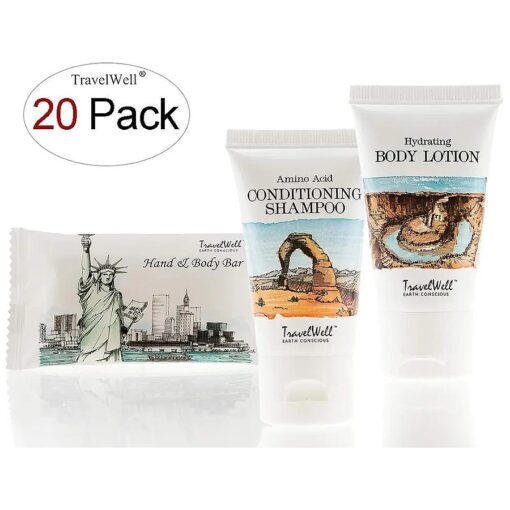 Travelwell Landscape Series Hotel Toiletries Amenities Travel Size Massage Cleaning Soaps 1.0oz/28g, Shampoo & Conditioner 2 in 1, Body Lotion each 20 Individually Wrapped