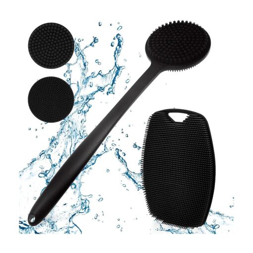 Lengthen Long Handle Silicone Back Scrubber with 2Pc Double Sided Replacement Brush Heads, Bath Body Brush for Shower Exfoliating and Massage Can Produce Rich Foam, Long Handle Back Scrubber for Men