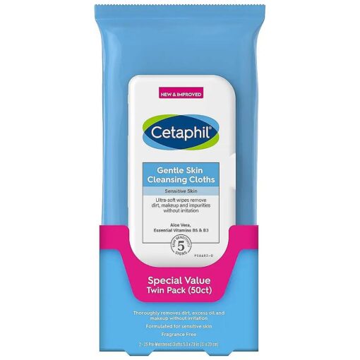 Cetaphil Face and Body Wipes, Gentle Skin Cleansing Cloths, 50 Count, Twin Pack, for Dry, Sensitive Skin, Flip Top Closure, Great for the Gym, Travel, in the Car, Hypoallergenic, Fragrance Free