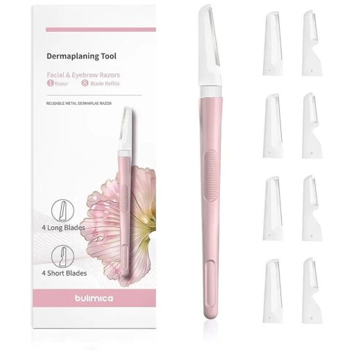 Dermaplane Razor, Face Exfoliating Dermaplaning Tool, Face Razors for Women Peach Fuzz Hair Removal, Gentle Skin Exfoliation Blades, 1 Razor + 8 Blade Refills, Pink