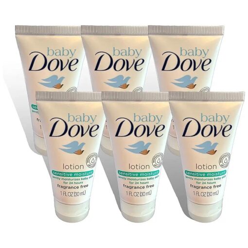 Dove Baby Lotion Sensitive Moisture 30ml, Travel Size, a mini lotion moisturizer, gentle, hypoallergenic formula is perfect for delicate baby skin, providing long-lasting hydration and nourishment, Pack of 6