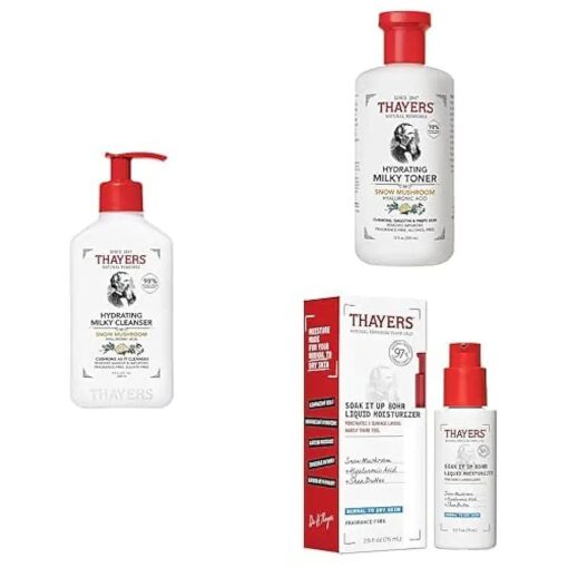 THAYERS Milky Hydrating Face Cleanser, 8 FL Oz + Milky Face Toner, 12 FL oz + Soak It Up 80HR Liquid Moisturizer with Hyaluronic Acid & Snow Mushroom, Dermatologist Tested & Recommended for Dry Skin