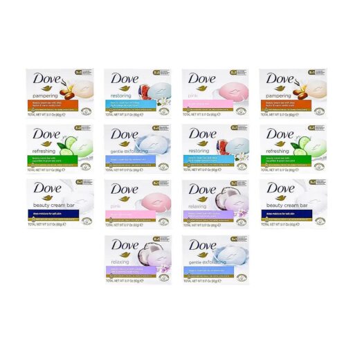 Dove, Beauty Bar Soap Variety Pack of 14, Go Fresh, Shea Butter, Coconut Milk, White, Pampering, Restoring, Exfoliating - 90g ( 7 Scents, 2 of Each )