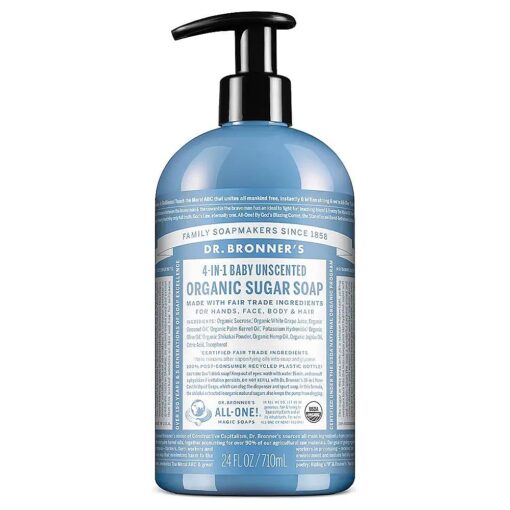 Dr. Bronner 's - Organic Sugar Soap ( Baby Unscented, 24 Ounce ) - Made with Organic Oils, Sugar and Shikakai Powder, 4-in-1 Use : Hands, Body, Face and Hair, Moisturizes and Nourishes, No Added Fragrance