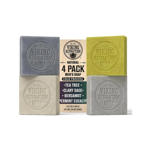 Viking Revolution Natural Soap for Men - Mens Soap Bar with Essential Oils Cold Pressed Bar Soap for Men - Nourishing Soap with Tea Tree, Clary Sage, Peppermint Eucalyptus, Bergamot ( 4 Pack )