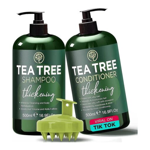 Thickening Tea Tree Shampoo & Conditioner Set for Itchy Scalp, Hair Loss, Dandruff | w/Tea Tree Oil, Aloe, Rosemary, Jojoba | Hair Thickening, Volume Boost for Men & Women | Sulfate & Paraben Free