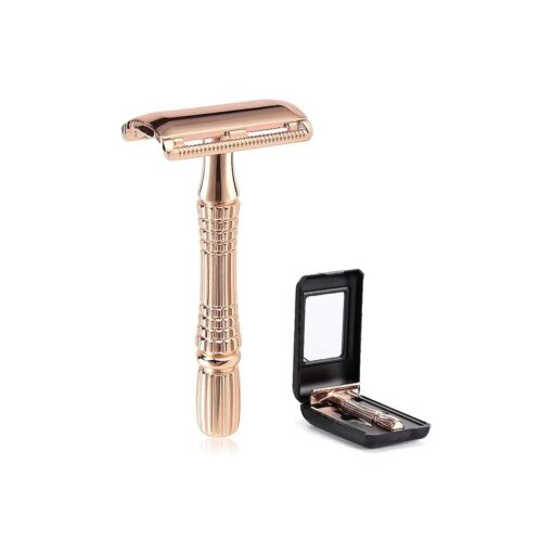 BAILI Classic 3-Piece Double Edge Safety Razor Wet Shaving for Men Women with Platinum Blade and Mirrored Travel Case Rose Gold BD178