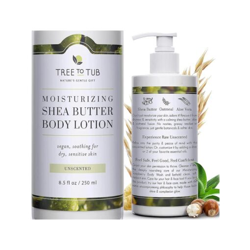 Tree to Tub Unscented Shea Butter Body Lotion for Dry Skin - Fragrance Free Lotion, Vegan Body Moisturizer, Good for Sensitive Skin for both Women & Men