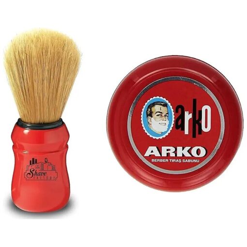 Arko/Omega Shaving Soap 90g in Traditional Bowl Case + TSF Shaving Brush Natural Boar Bristle, Red