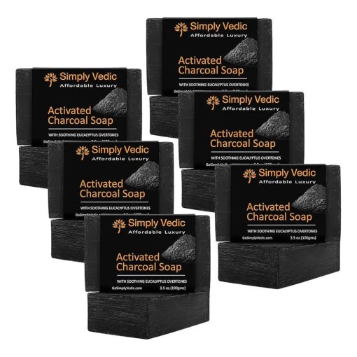 Cold Pressed Activated Charcoal Soap Bars with Eucalyptus Oil ( 3.5Oz x 6-Pack ) Detoxifying & Deep Pore Cleansing Natural Healing| Handmade Soap for Bath Body Face All Skin Types Men Women