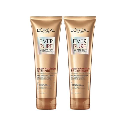 L'Oreal Paris Sulfate Free Shampoo and Conditioner for Dry Hair, Triple Action Hydration for Dry, Brittle or Color Treated Hair, Apricot Oil Infused Hair Care, EverPure, 8.5 Fl Oz, Set of 2