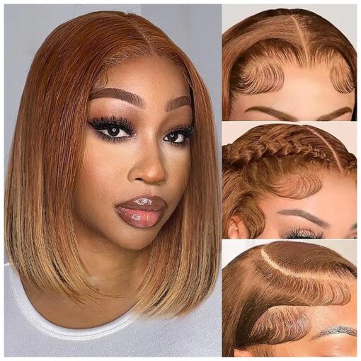 Royal Lady Highlight 4x4 HD Lace Front Wigs Ombre 4/27 Human Hair Bob Wigs Colored Lace Closure Wigs for Women Glueless Pre Plucked with Baby Hair 180 % Density Straight Short Bob Wigs 12 Inch