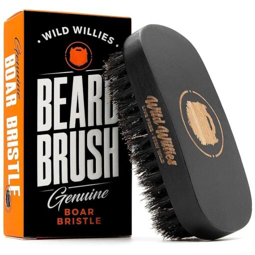 Natural Boar Bristles Beard Brush by Wild Willies - Small Travel Size with Ergonomically Designed Wood Handle - Professional Beard and Mustache Grooming Softens and Untangles Your Beard