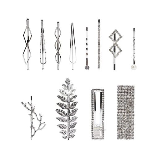 Lawie 12 Pack Silver Vintage Retro Geometric Metal Pearl Crystal Rhinestone Branch Leaf Hair Clips Snap Barrettes Claw Clamps U Shaped Wedding Party Bridal Decorative Bobby Pin Alligator Hairclips