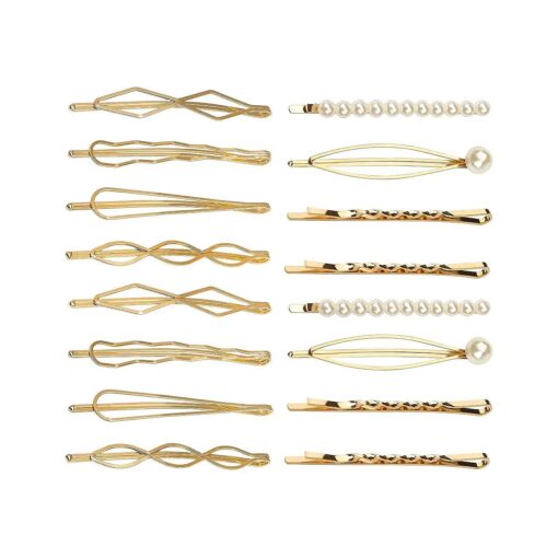 16 Pieces Geometric Metal Hair Pins, Pearls Hair Clips Elegant Hair Barrettes Bridal Gold Metal Bobby Pins Dainty Embellished Bobby Pins for Woman and Girls