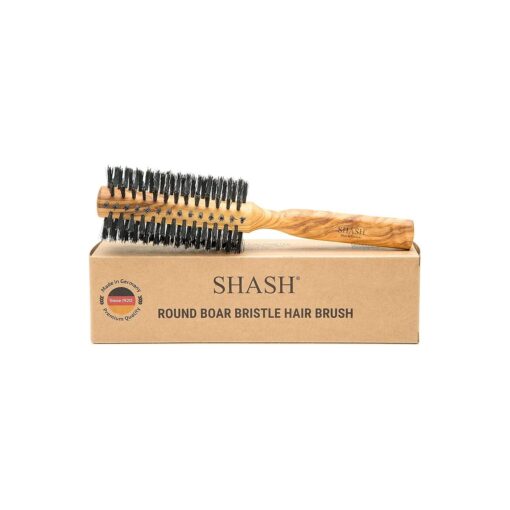 SHASH Boar Bristle Round Brush - Made In Germany | Volumize and Revitalize Your Hair with Softer, Smoother Results - Scalp Exfoliation and Stimulation - Eco-Sourced Olive Wood Handle