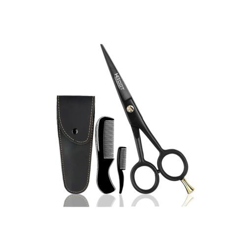 HB-DOT 5" Professional Mustache & Beard Scissors, German Stainless Steel Mustache Scissors, Black Mustache Scissors for Men with PU Leather Pouch and Comb set, Useful for all Type of Facial Hairs .