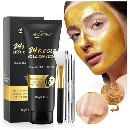 Blackhead Remover Mask, 24K Gold Peel Off Mask, Gold Facial Mask Anti-Aging, Deep Cleansing, Reduces Fine Lines & Wrinkles Great for All Skin, With Blackhead Remover Extractor Tools Kit & Mask Brush