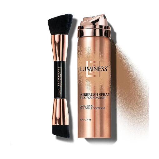 LUMINESS Silk Airbrush Spray Foundation & Buffing Brush Kit - Full Coverage Foundation & Dual-Sided Buffing Brush - Buildable Coverage, Anti-Aging Formula Hydrates & Moisturizes ( Shade - Deep )