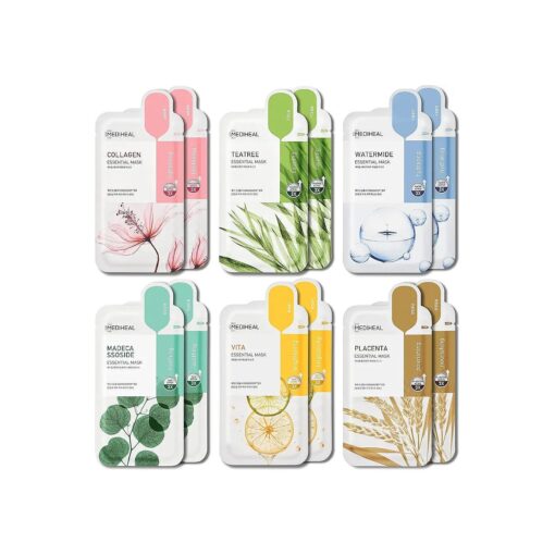 Mediheal Sheet Mask New Essential HERO 12 pack ( Collagen, Tea Tree, Placenta, Madecassoside, Vita, Watermide ) | Korean Skincare Facial Sheet Mask Combo, Moisturizing, Soothing and for Blemishes