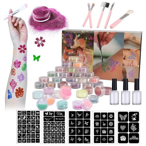 AIDUCHO 36 Colors Glitter Tattoo Kit Temporary Tattoo Kit Kids Waterproof Glitter Tattoos Perfect Gifts for Festival Party - 36 Glitter Fine Powder 105 Unique Stencils 5 Brushes 3 Body Glues