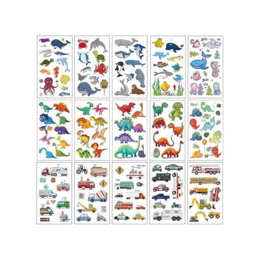 Apeso 30 Sheets Temporary Tattoos Kit for Kids, 300Pcs Fake Cute Tattoo Stickers Waterproof, Birthday Party Favor Christmas Stocking Stuffers ( Dinosaur & Sea Animal & Vehicle )