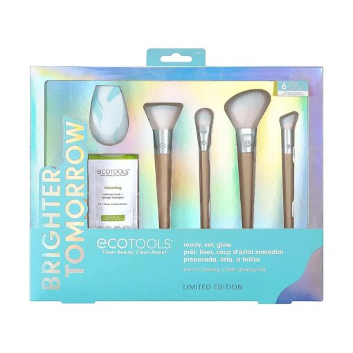 EcoTools Limited Edition Ready, Set, Glow Makeup Accessory & Cleansing Set, Blue, 6 Piece Makeup Tool Christmas Gift Set For Wife, Daughter, Or Girlfriend