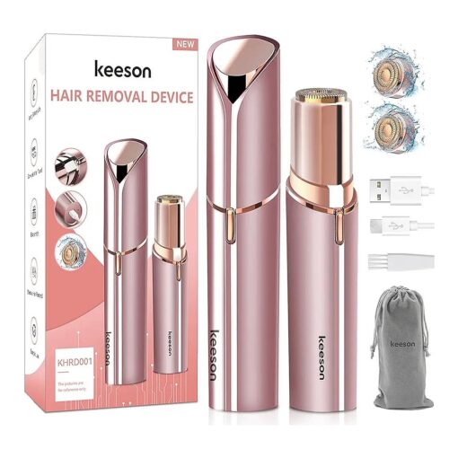 Facial Hair Removal for Women, Painless Womens Facial Hair Remover with 2 Replacement Heads, Lipstick-Sized, USB Rechargeable, Facial Hair Remover for Upper Lip, Chin, Peach Fuzz, Mustache ( Pink )