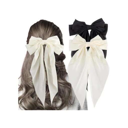 HairBow, 2Pcs White & Black Silky Satin Hair Bow, Large Big Hair Clips for Women