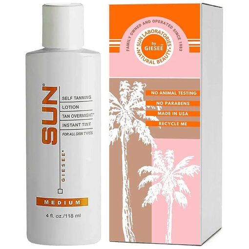 Sun Laboratories Tan Overnight Self Tanning Lotion 4 oz - Natural Sunless Body and Face Lotion, Medium Self Tanner for Sun-Kissed Fake Tan, Skin-Friendly Tanning Bed Lotion