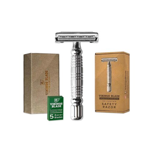 VIKINGS BLADE Double Edge Safety Razor for Men + 5 Swedish Steel Blades + Luxury Case, Smooth, Reusable, Eco-Friendly ( The Chieftain )