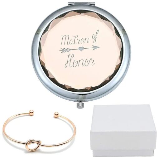 Matron of Honor Champagne Compact Pocket Makeup Mirror with Rose Gold Knot Bracelet and Gift Box for Wedding Proposal Gift