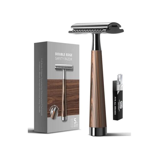 Double Edge Safety Razor, Faux Wood Zinc Alloy Handle Razor with 5 Swiss Stainless Steel Blades, Heavy Duty Eco-Friendly Razor for Shaving, Gift Packed