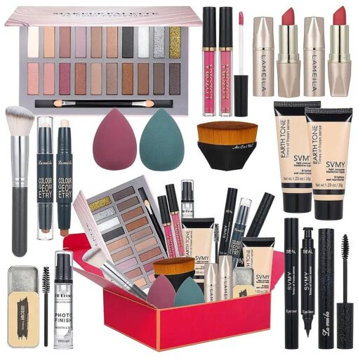 All in One Makeup Kit for Women Full Kit Includes 20 Colors Eyeshadow Palette Foundation & Face Primer, Makeup Brush Makeup Sponge, Eyebrow Soap, Winged Eyeliner Stamp Gift Set for Women, Girls & Teen