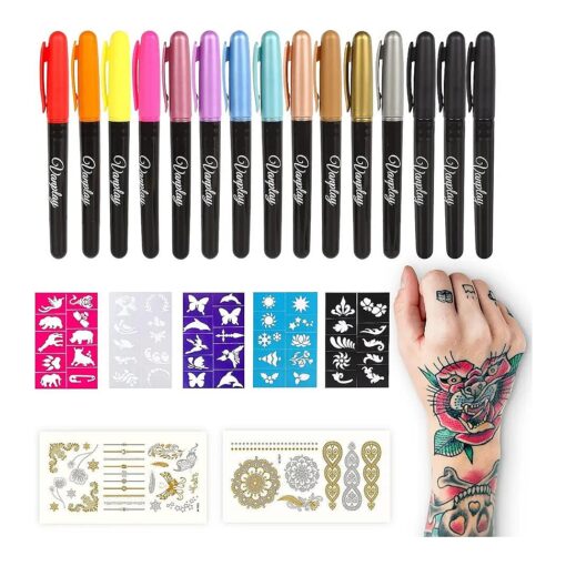 Temporary Tattoo Pen Tattoo Markers Tattoo Kit Face Paint with 15 Tattoo Pens 5 Tattoo Stencils and 2 Tattoos Stickers Gifts for Teenage Girls Boys Adults Easter Halloween Christmas Gifts