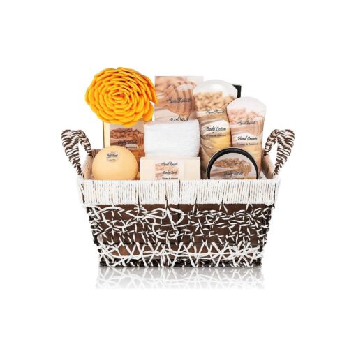 Spa Baskets For Women - Luxury Bath Set With Honey & Almond - Spa Kit Includes Wash, Bubble Bath, Lotion, Bath Salts, Body Scrub, Body Spray, Shower Puff, Bathbombs, Soap and Towel